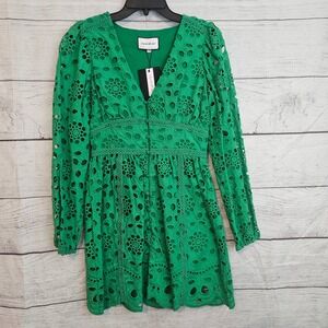 Layered With Love XS Kelly Green Emboidered Floral Eyelet Long Sleeve Dress 1197